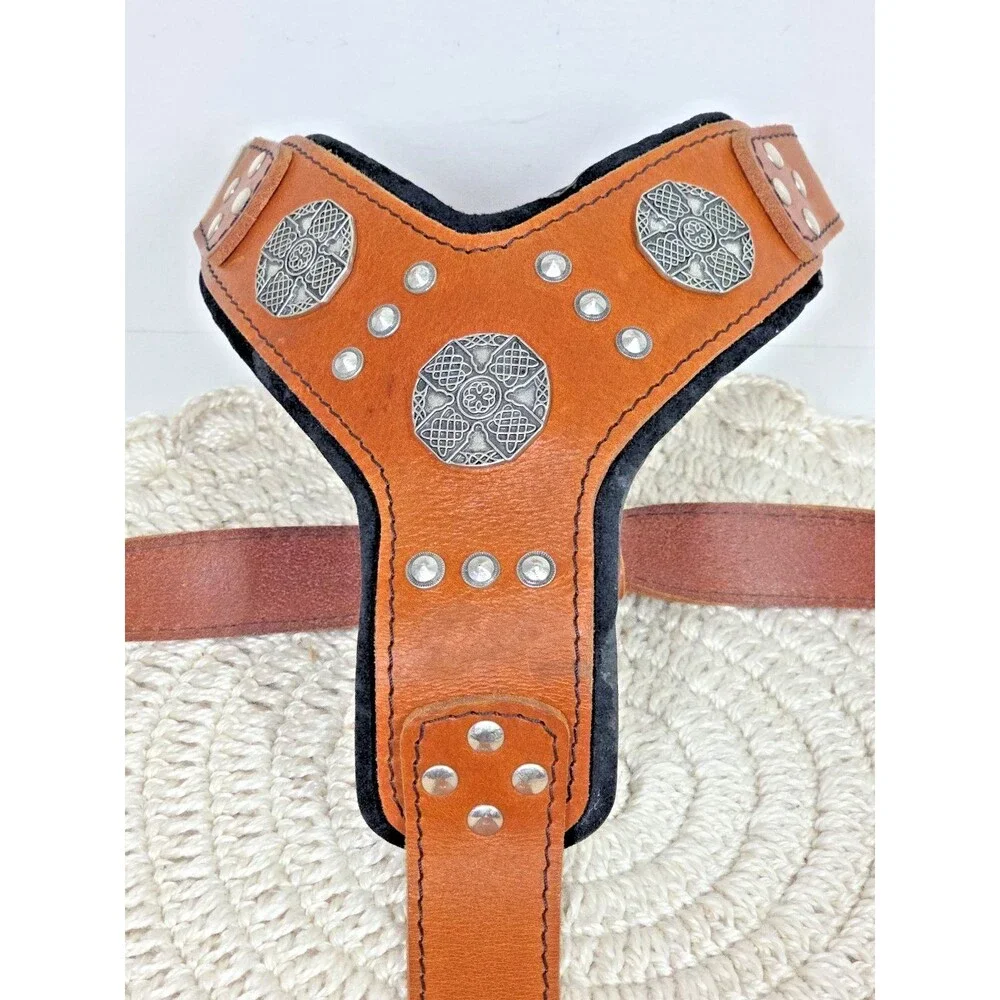 BESTIA The ''Maximus'' Dog Collar Harness Genuine Leather Brown Silver S-M EUC *